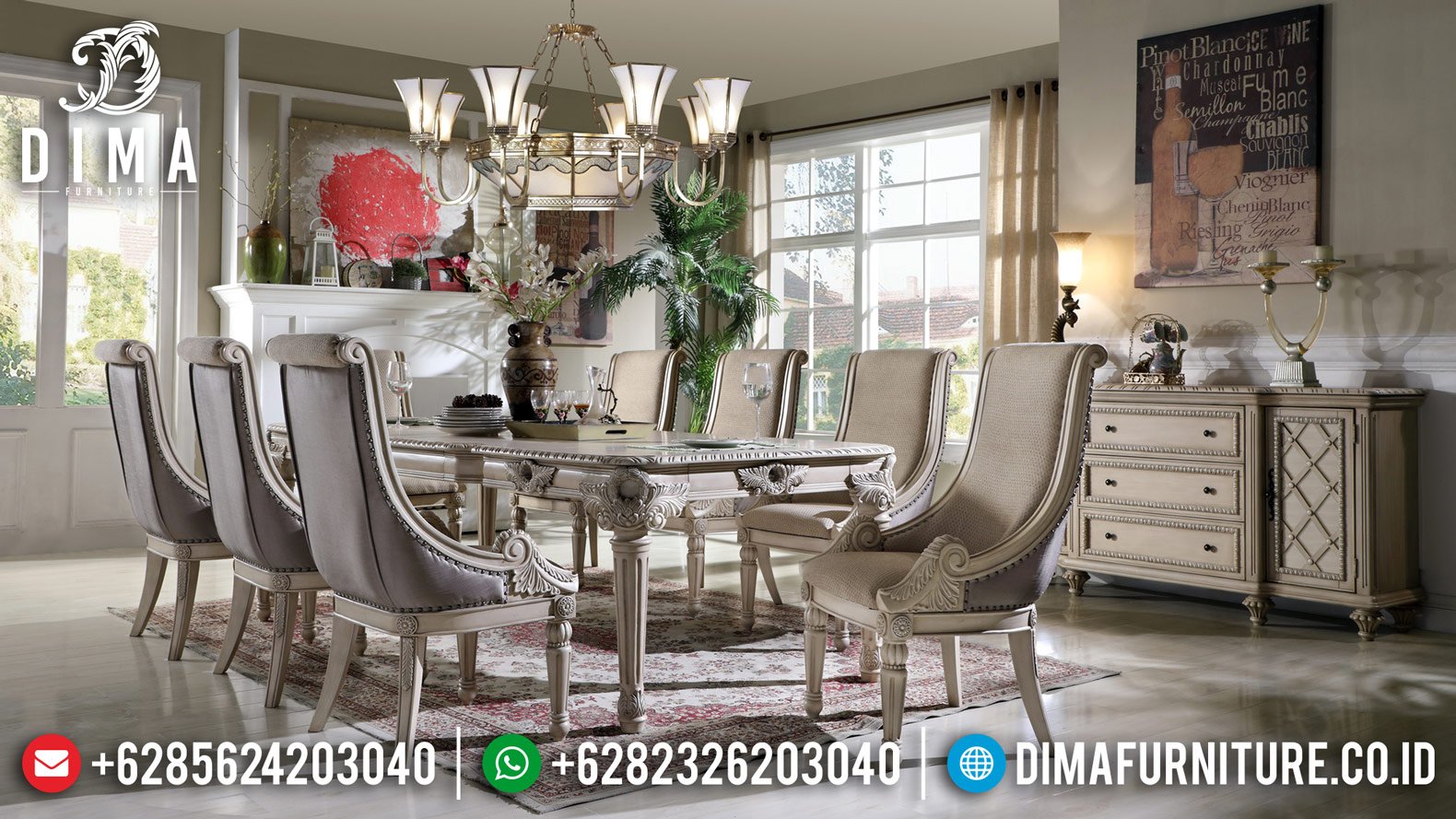 Furniture Jepara Meja Makan Mewah White Duco Classic Ivory Luxury TTJ-0472 Furniture Jepara Meja Makan Mewah White Duco Classic Ivory Luxury TTJ-0472