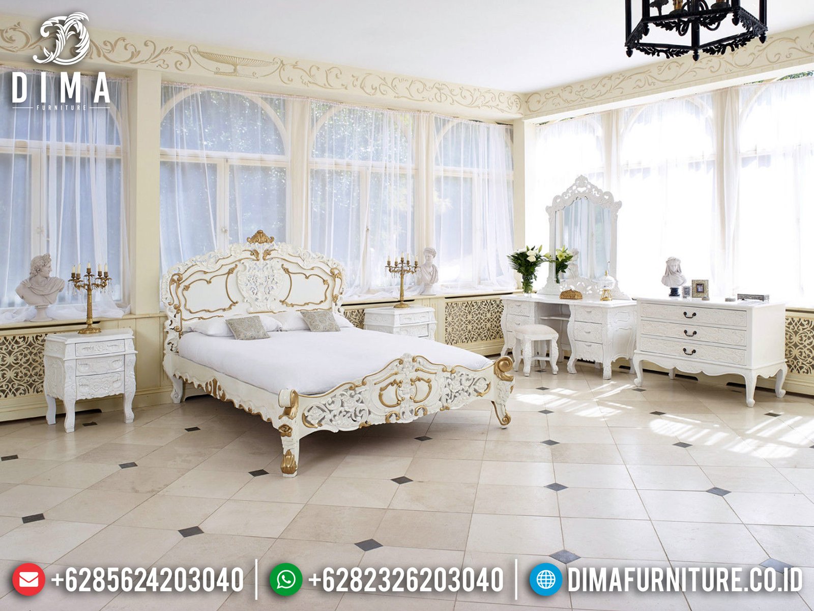 Jual Tempat Tidur Mewah Duco Putih Kombinasi Gold Furniture Jepara Terbaru TTJ-0476 Jual Tempat Tidur Mewah Duco Putih Kombinasi Gold Furniture Jepara Terbaru TTJ-0476