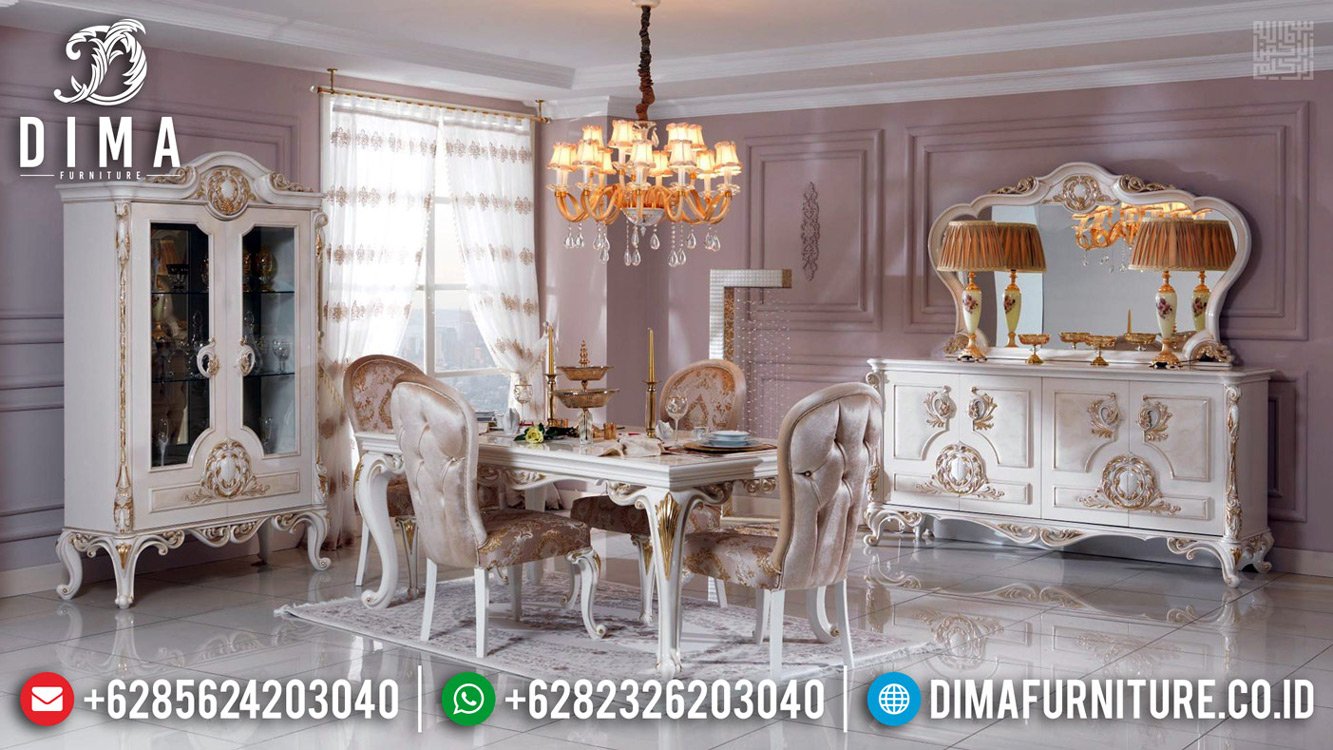 New Models Meja Makan Mewah White Duco Glossy Luxurian Versailles TTJ-0657 New Models Meja Makan Mewah White Duco Glossy Luxurian Versailles TTJ-0657