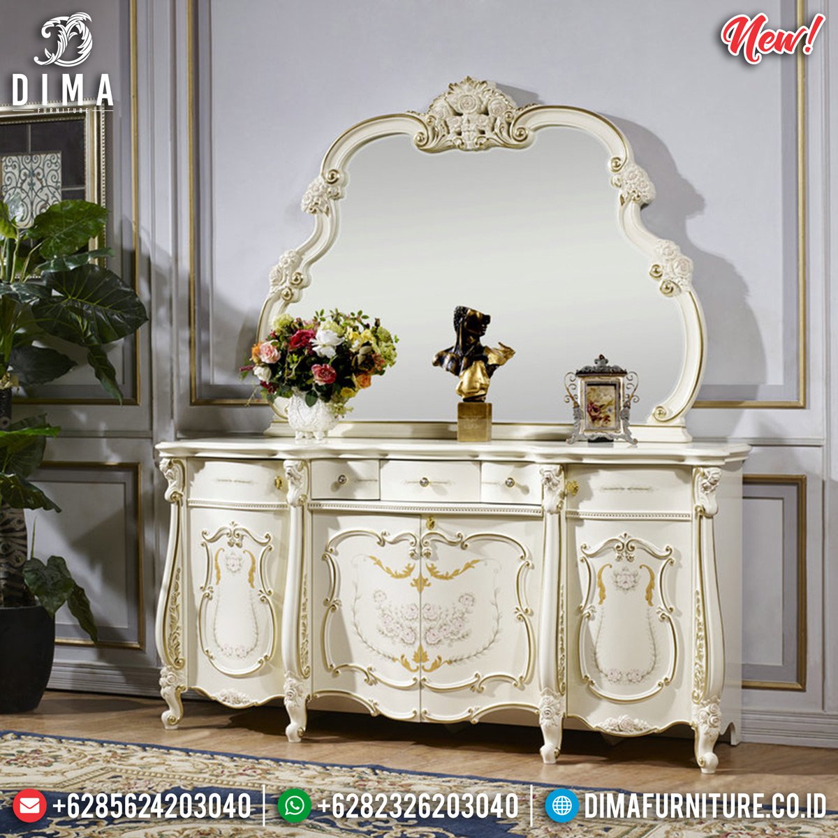 New Model Meja Rias Mewah Ukiran Jepara Luxury Classic White Duco Glossy TTJ-0827