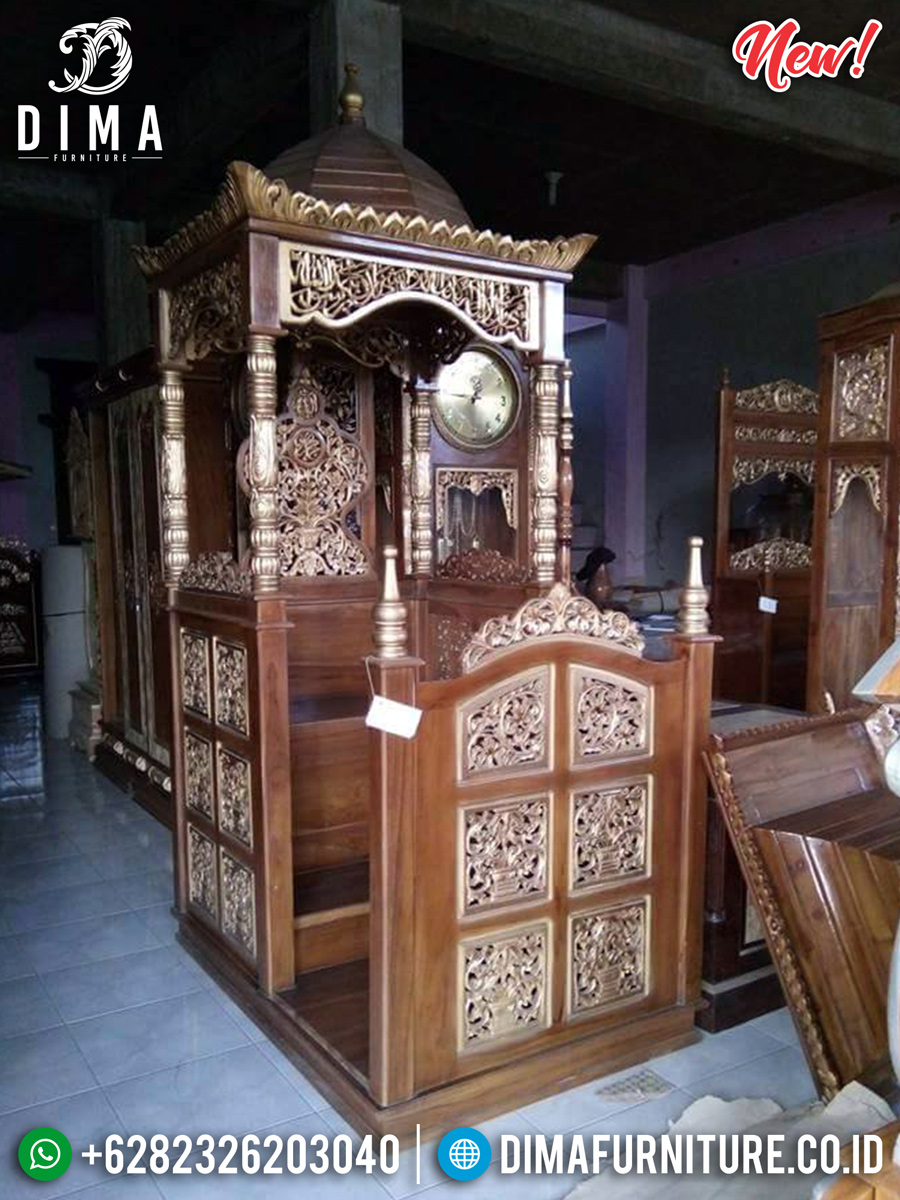 Jual Mimbar Masjid Jati Natural Kombinasi Emas Glossy Luxury Klasik TTJ-0888