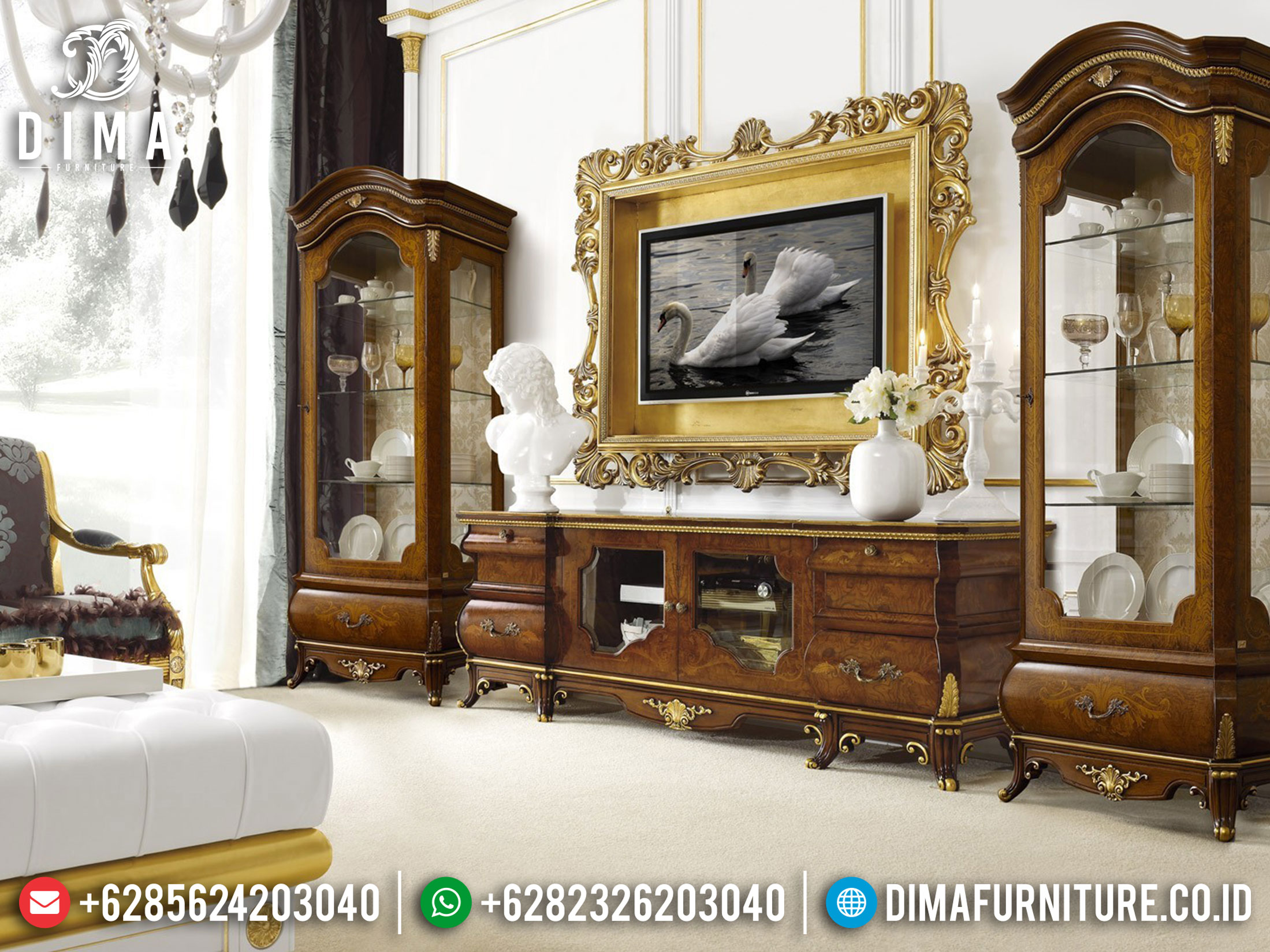 Bufet TV Kayu Jati Mewah Konsep Living Room Luxury Classic Natural TTJ-1086