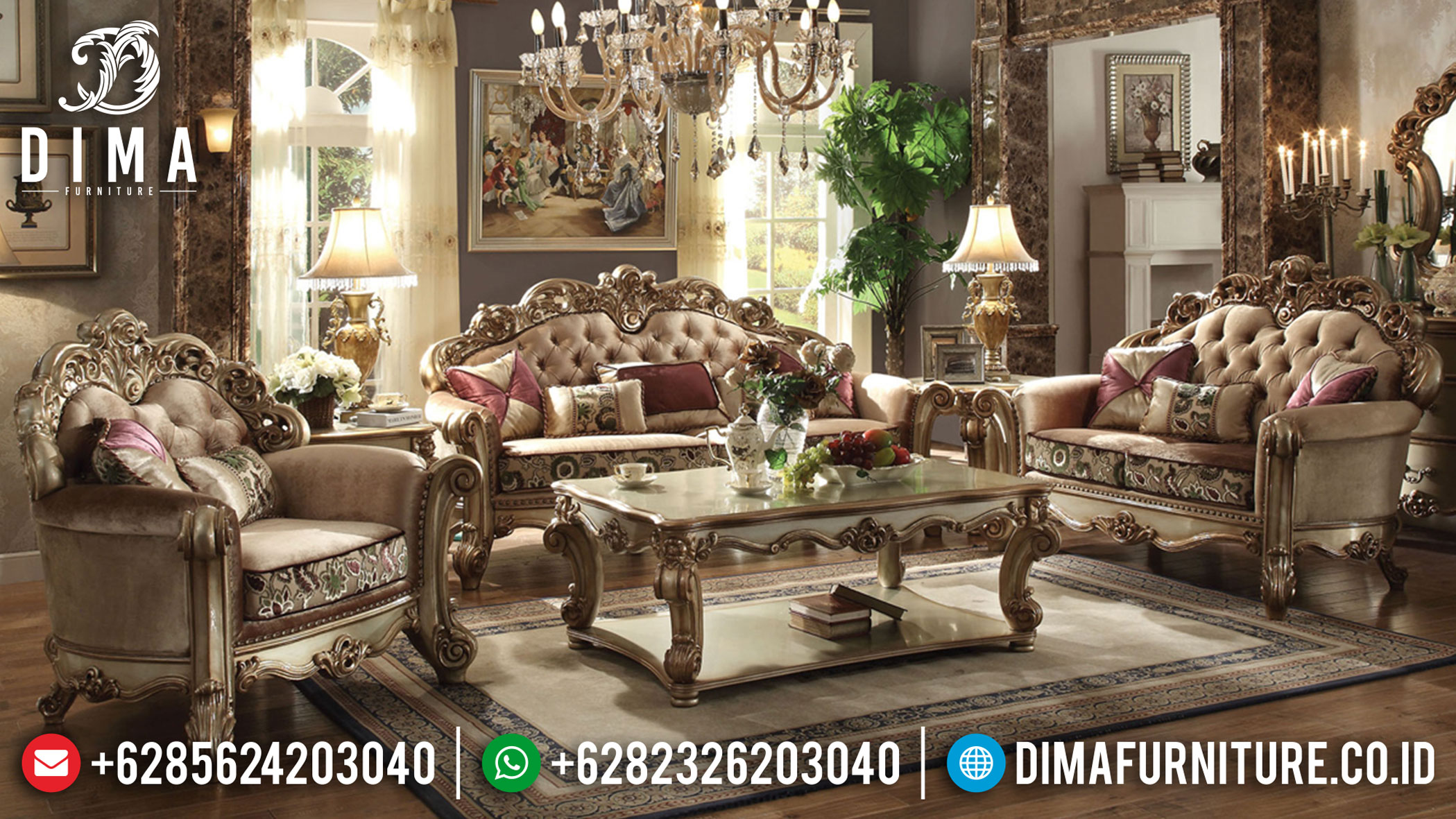 Sofa Tamu Mewah Ukiran Klasik Luxury Great Solid Wood Furniture Jepara Terbaru TTJ-1206