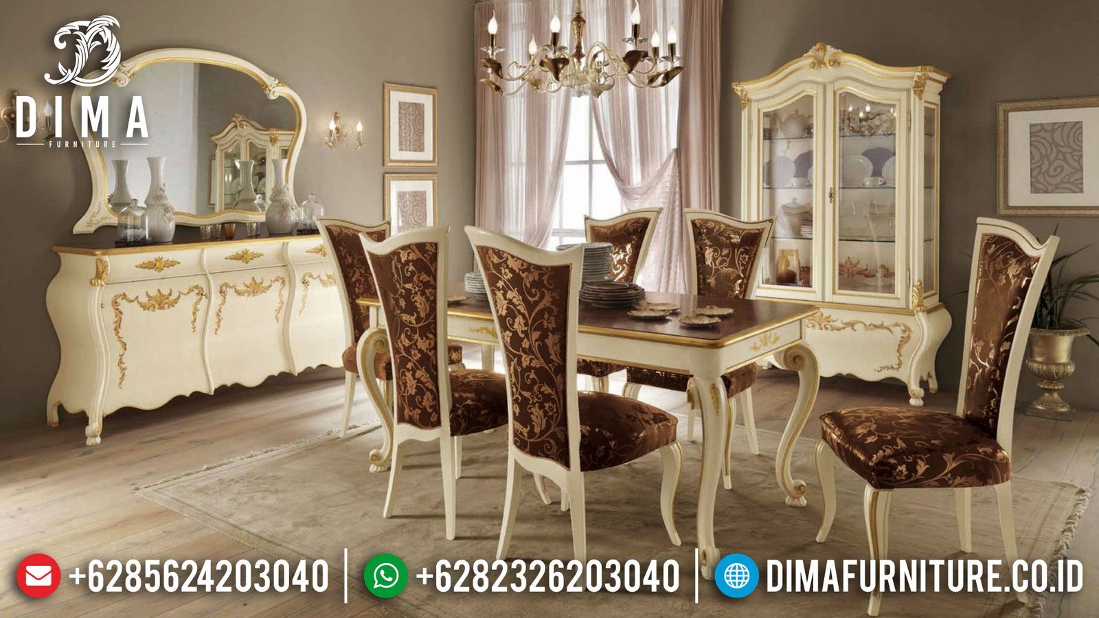 Meja Makan Mewah Putih Duco Classic Elegant Set Epic Design TTJ-1683