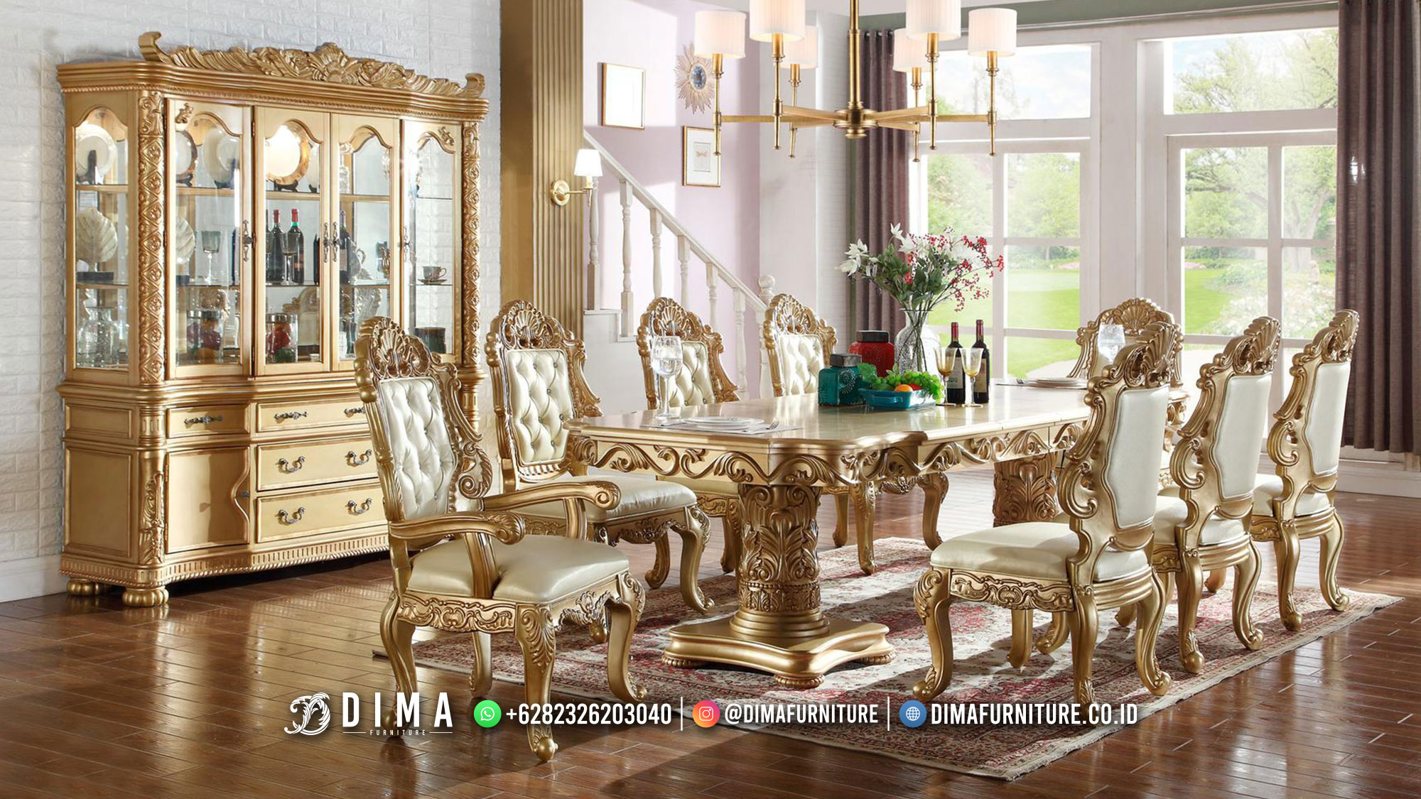 Set Meja Makan Mewah Jepara Ukiran Klasik Golden Luxury TTJ-2176