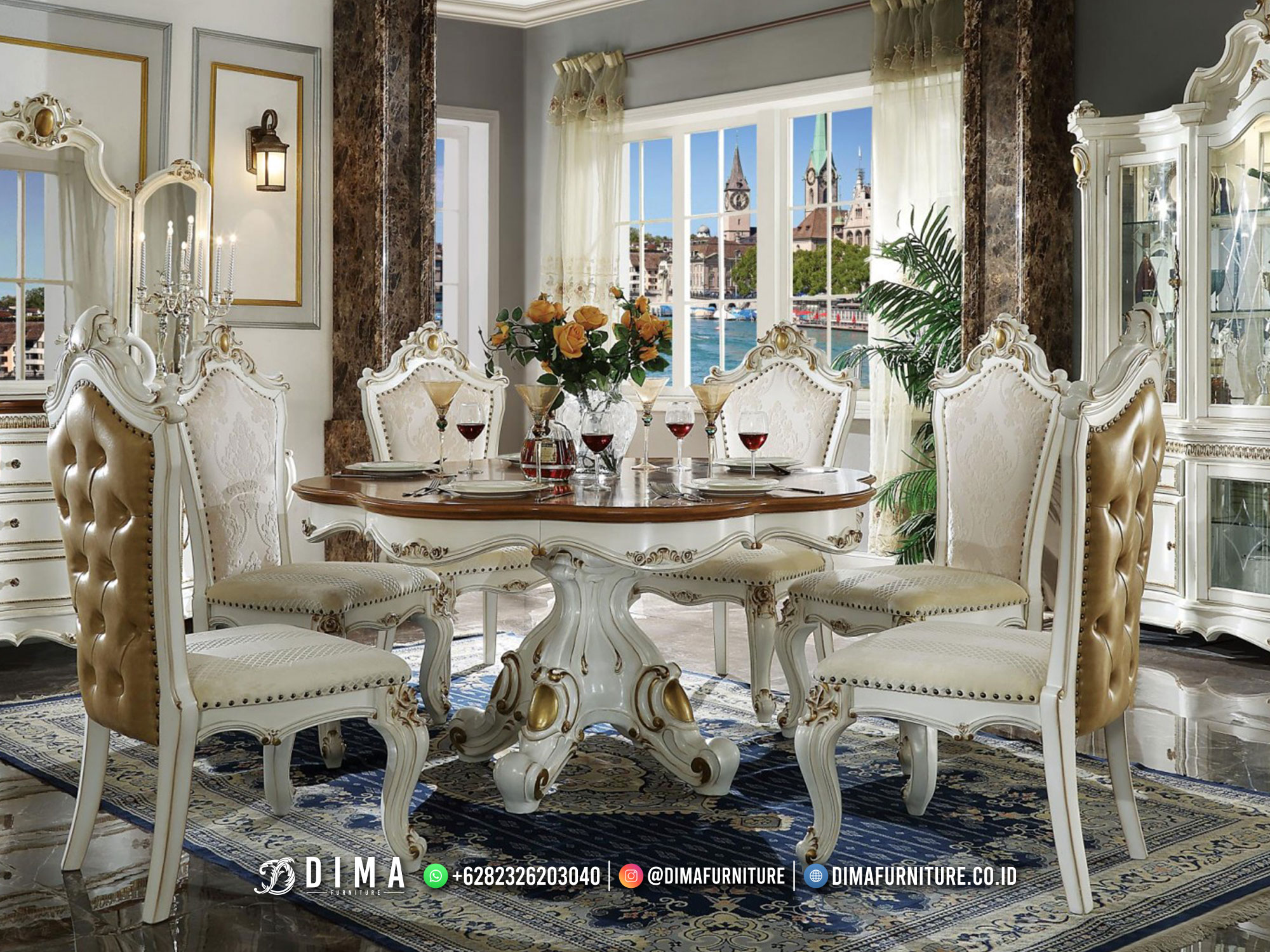 Luxury Carving Meja Makan Mewah Raja Putih Emas Duco Classic Excellent TTJ-2312