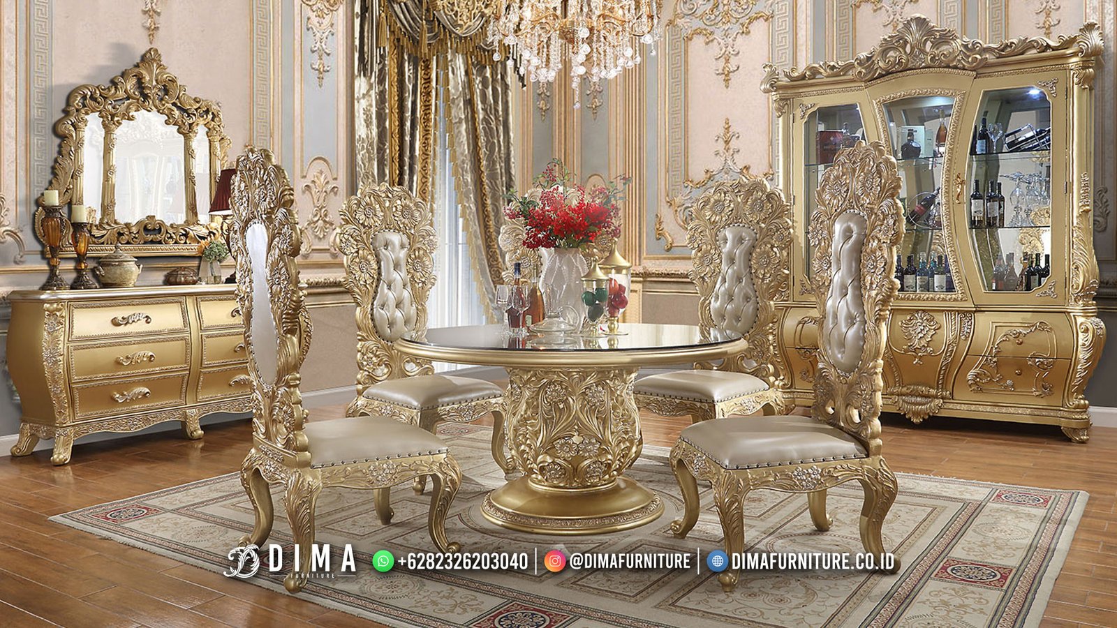 Meja Makan Mewah Luxury Carving Jepara Golden Shine Color TTJ-2257