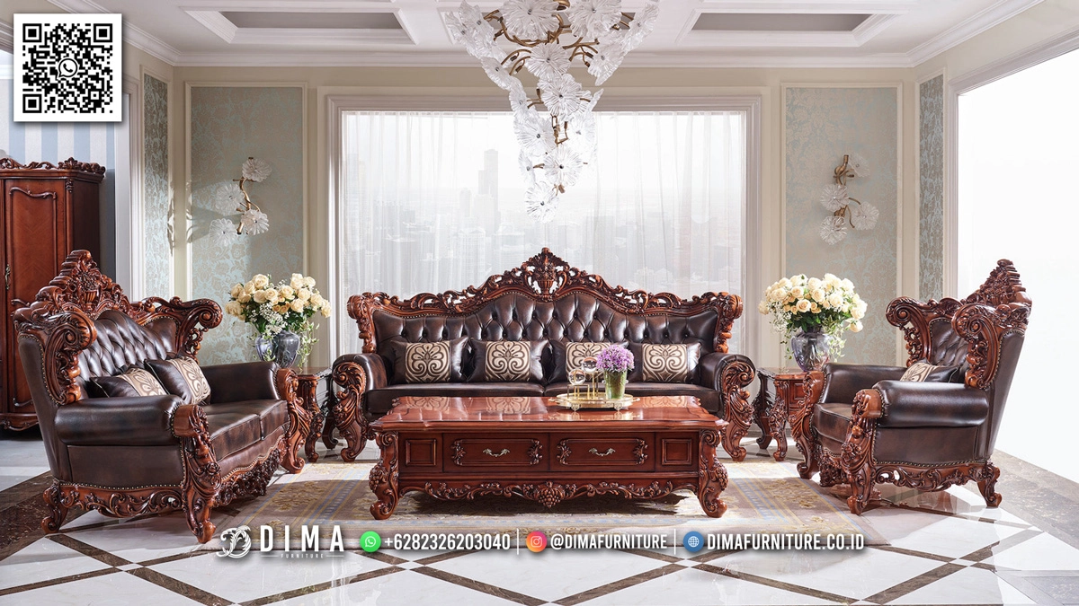 Desain Sofa Tamu Mewah Ukir Klasik Jati Solid TTJ2800
